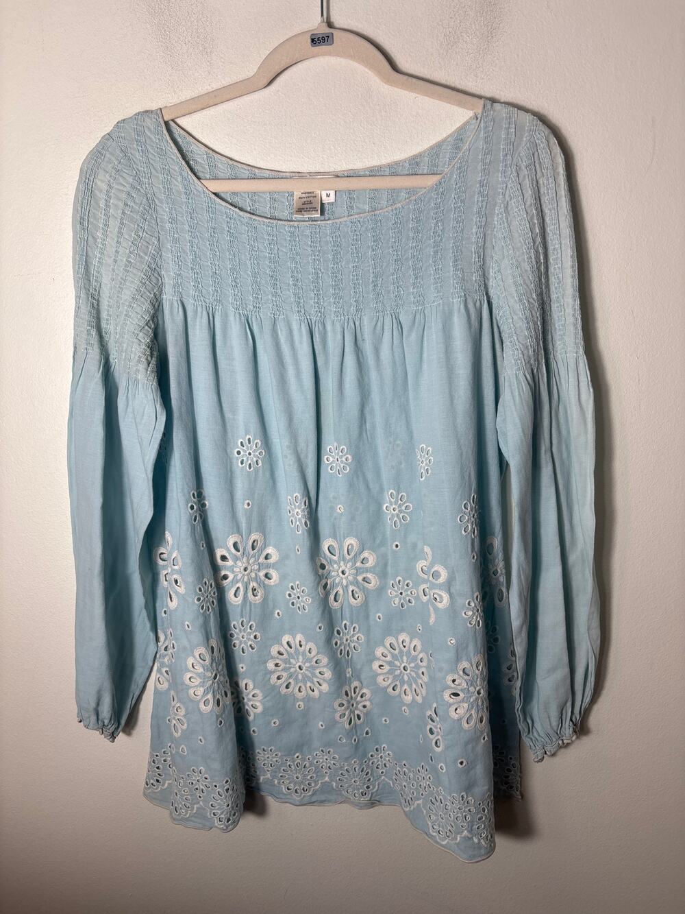 Sophie Max Light Blue Long Sleeve White Eyelet Cotton Top Sz M
